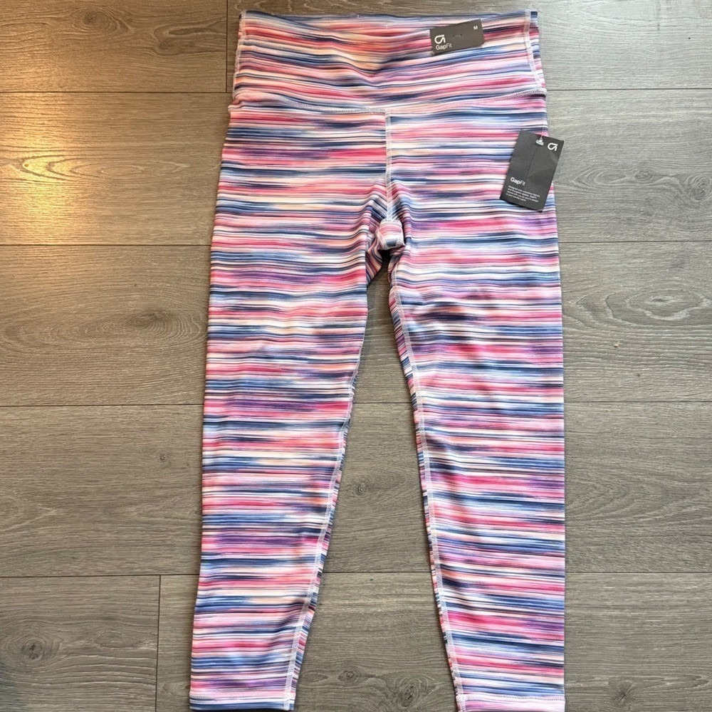 GapFit Pink Blue Striped High Rise Leggings Space Dye Active Tights Gym Yoga‎